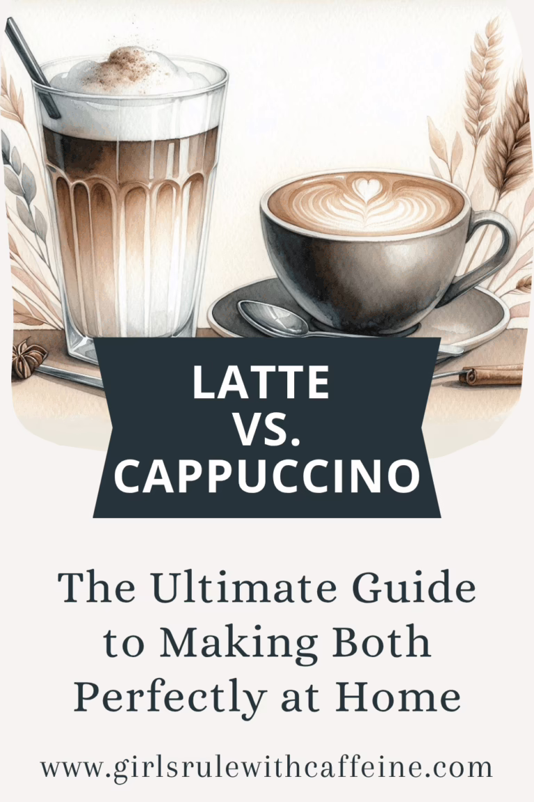 A beautiful watercolor illustration comparing a latte vs a cappuccino, showing the main visual difference between the two popular coffee drinks.